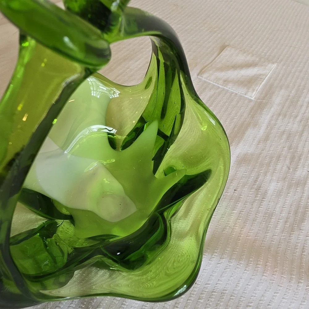 MCM 1960 Emerald Green and White Handblown Glass Basket Candy Dish Bohemian Form